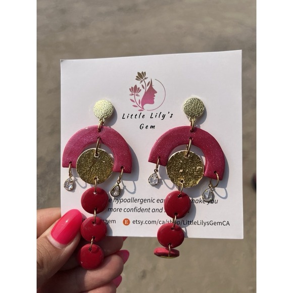 Handmade  Red And gold  Polymer Clay   Dangle Earrings - Picture 5 of 9